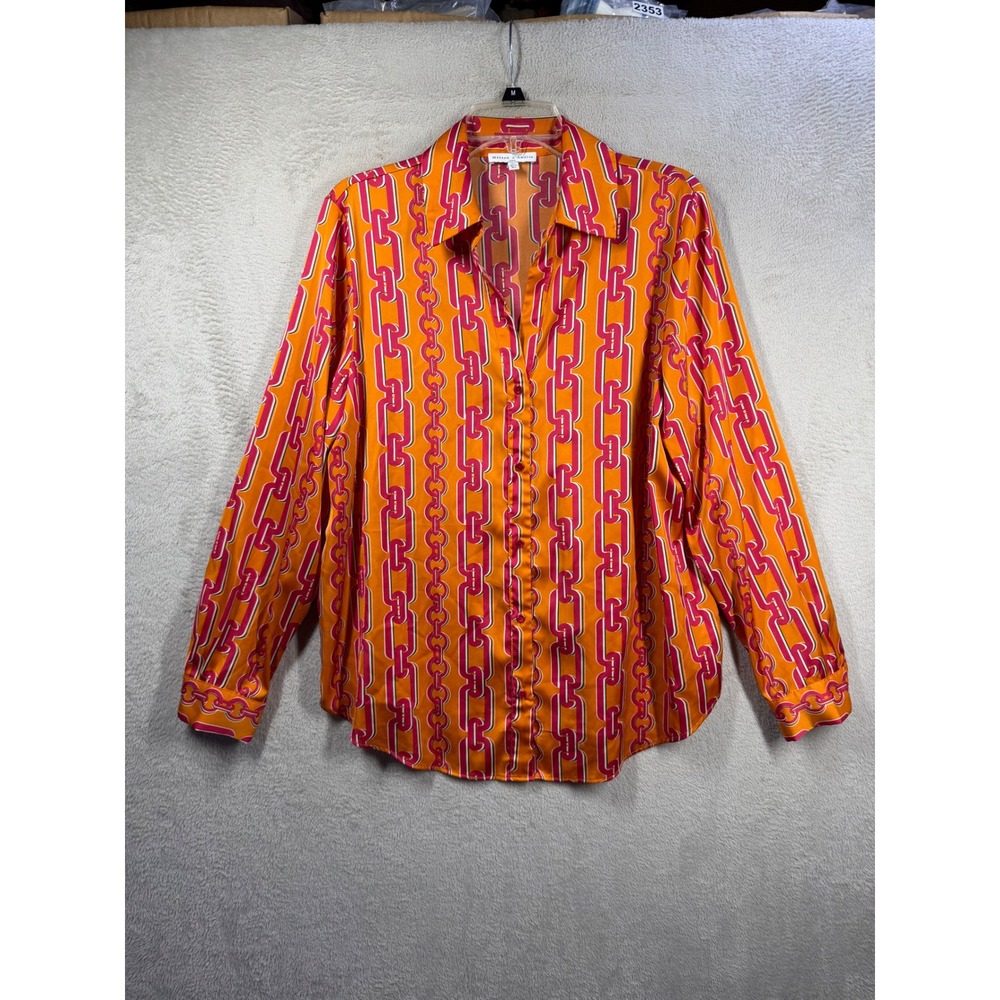 Maison d'Amélie Chain Print Shirt Women's L Orange Pink Long Sleeve Blouse Silky